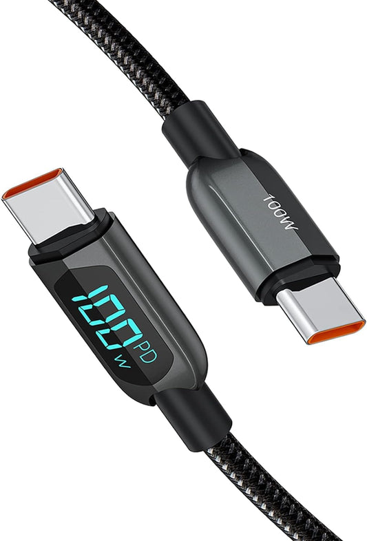 6.6FT USB C to USB C Cable 2-Pack PD 100W with LED Display, Durable USB C Cable Braided with Display for Ipad Air, Pro, Macbook Pro, Galaxy S23 Pixel Steam Deck PS5 2M Black