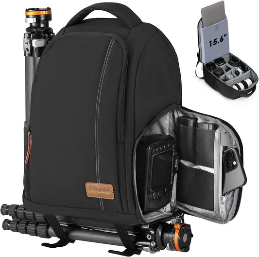 Camera Backpack for Photographers - Compact Camera Bag with 15.6 Inch Laptop Compartment - Side Access Quick Draw - Anti-Theft Hidden Pocket Tripod Holder Rain Cover - TB04 Black
